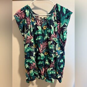 LOFT Floral Print Top with Pink and Green Accents